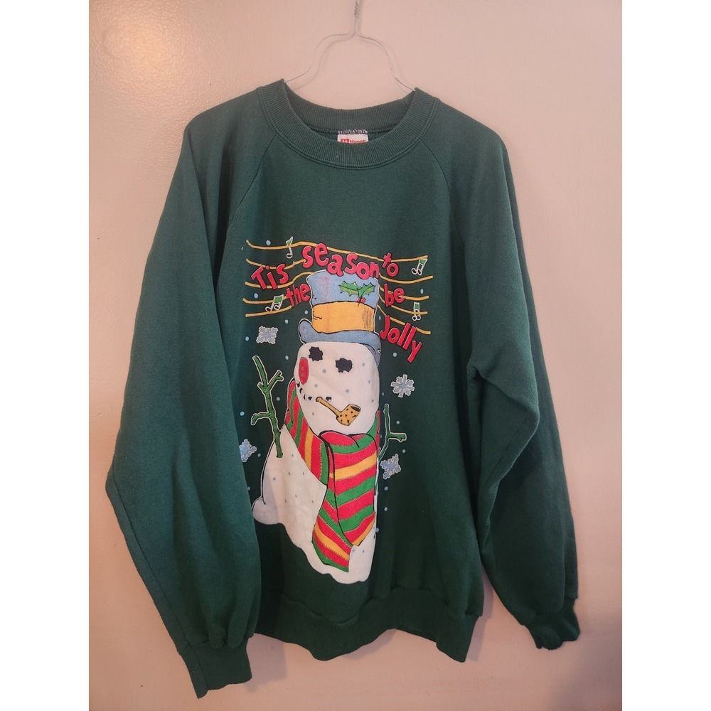 Vintage Christmas Snowman Sweatshirt XXL Tis The Season To Be‎ Jolly Green